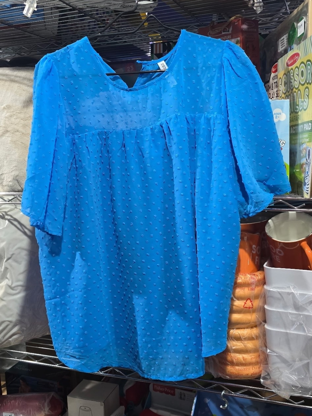 New Large Zenana Blue Swiss Dot Puff Sleeve Women’s Top